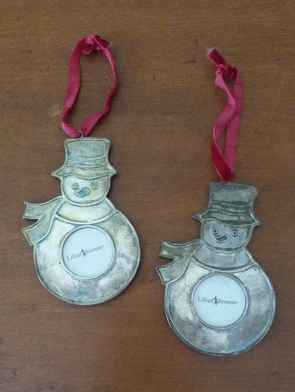 Lillian Vernon Silver Toned Metal Snowman Photo Frame Ornaments - Set of 2